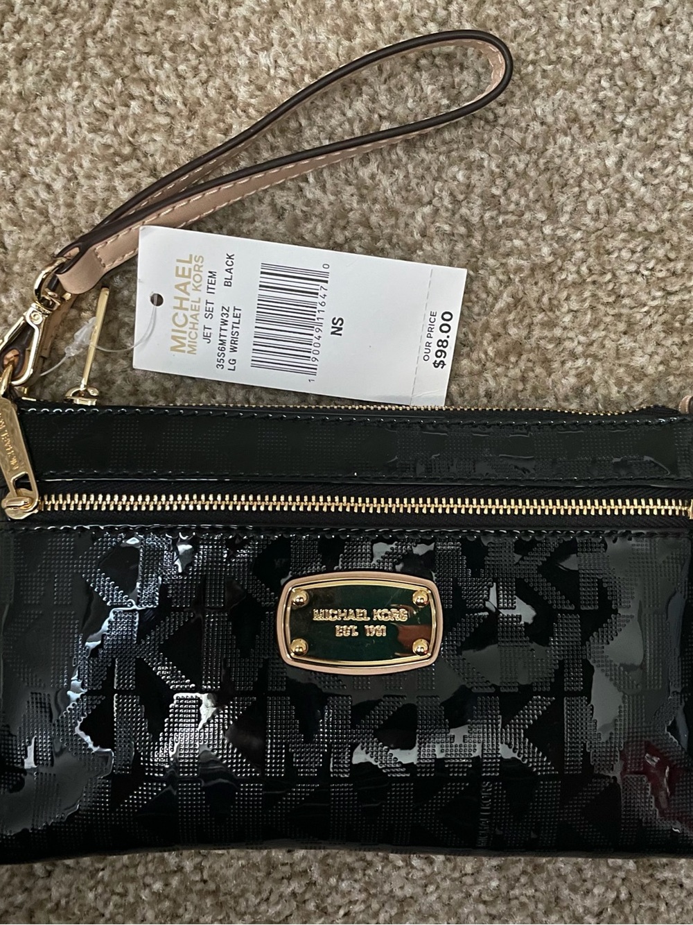 Michael Kors Black Patent Leather MK Wristlet with Gold Hardware - Picture 2 of 3